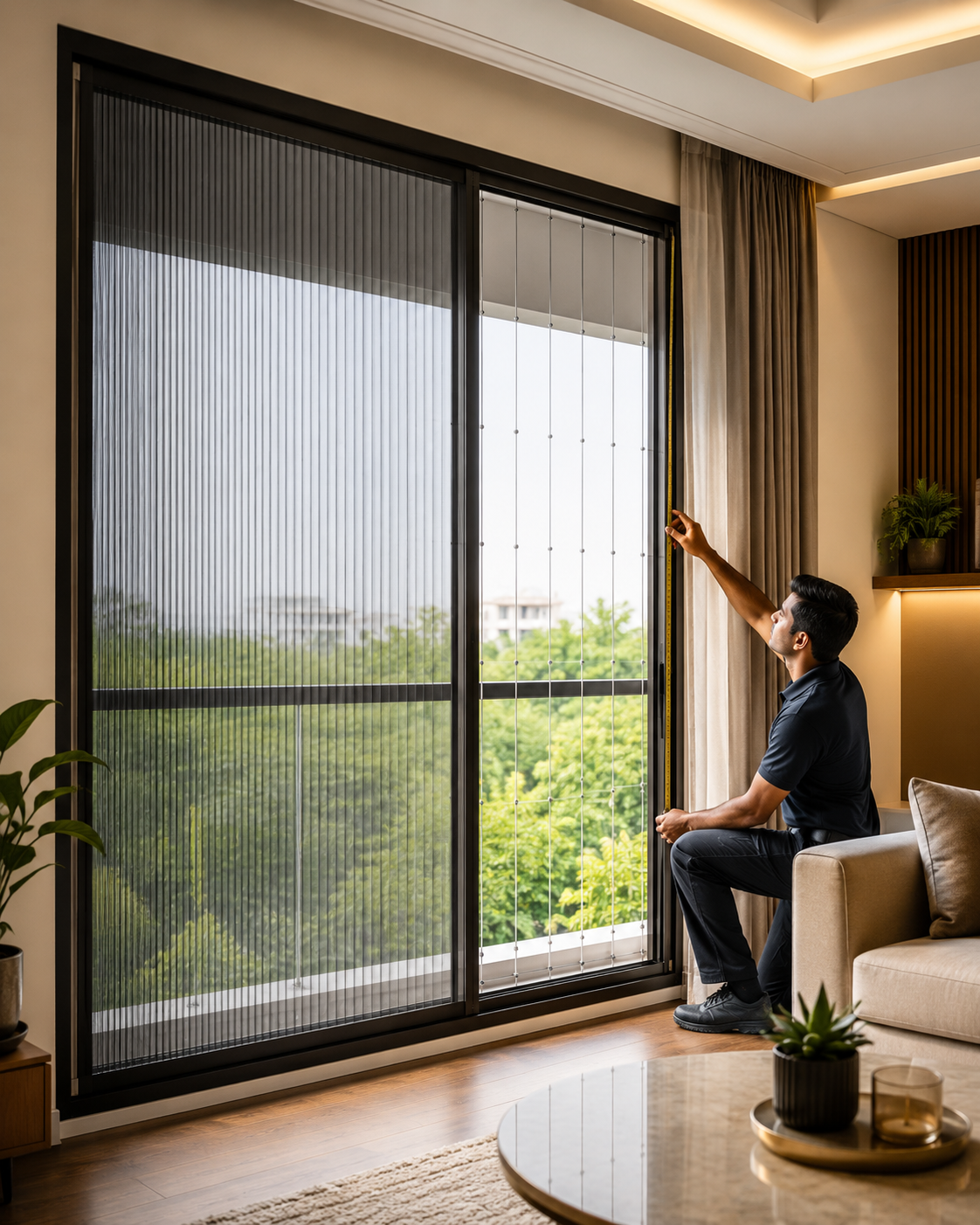 RR Interiors installation — pleated mesh on a home window